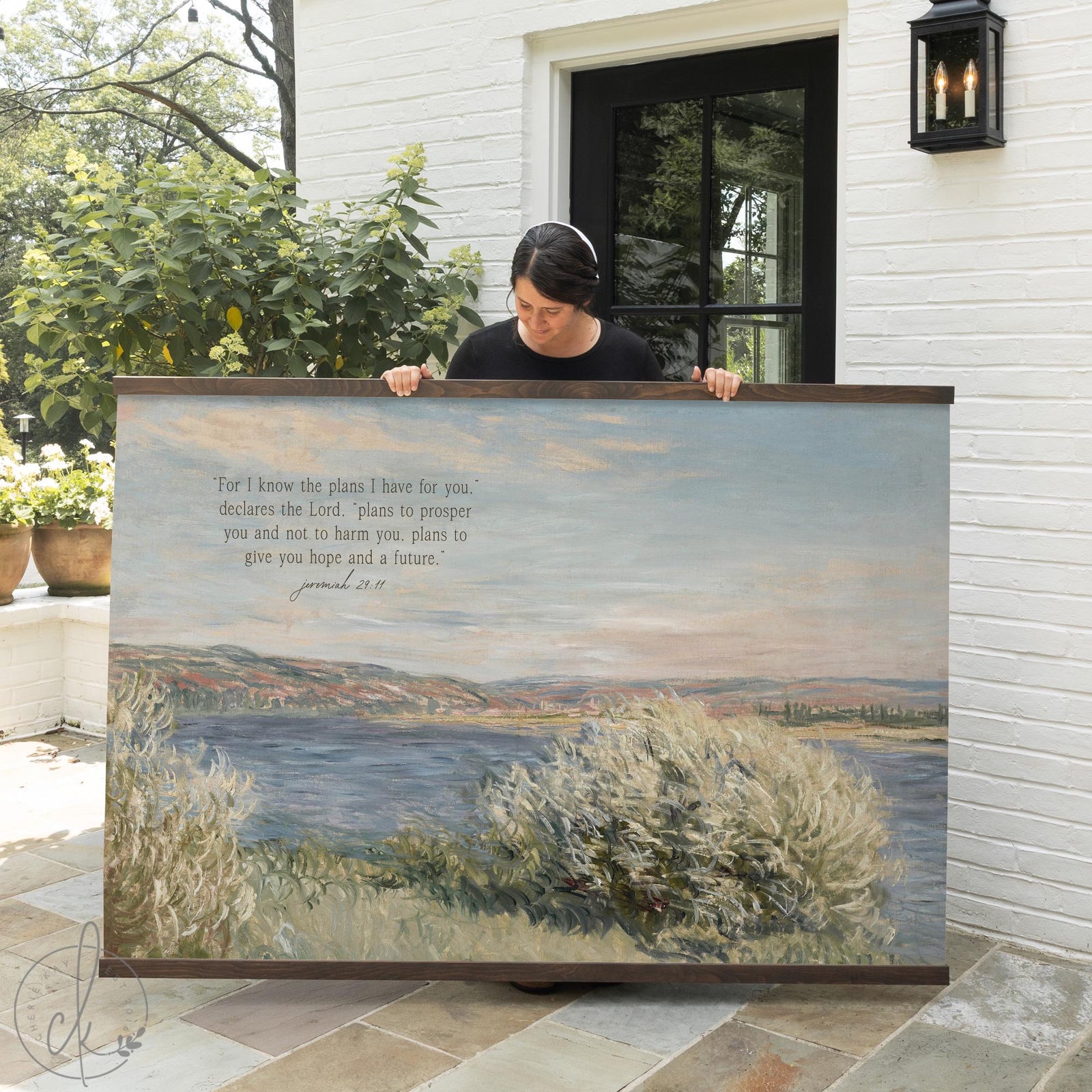 Jeremiah 29 11 wall art canvas banner with Claude Monet landscape and scripture verse.
