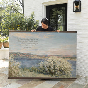 Jeremiah 29 11 wall art canvas banner with Claude Monet landscape and scripture verse.