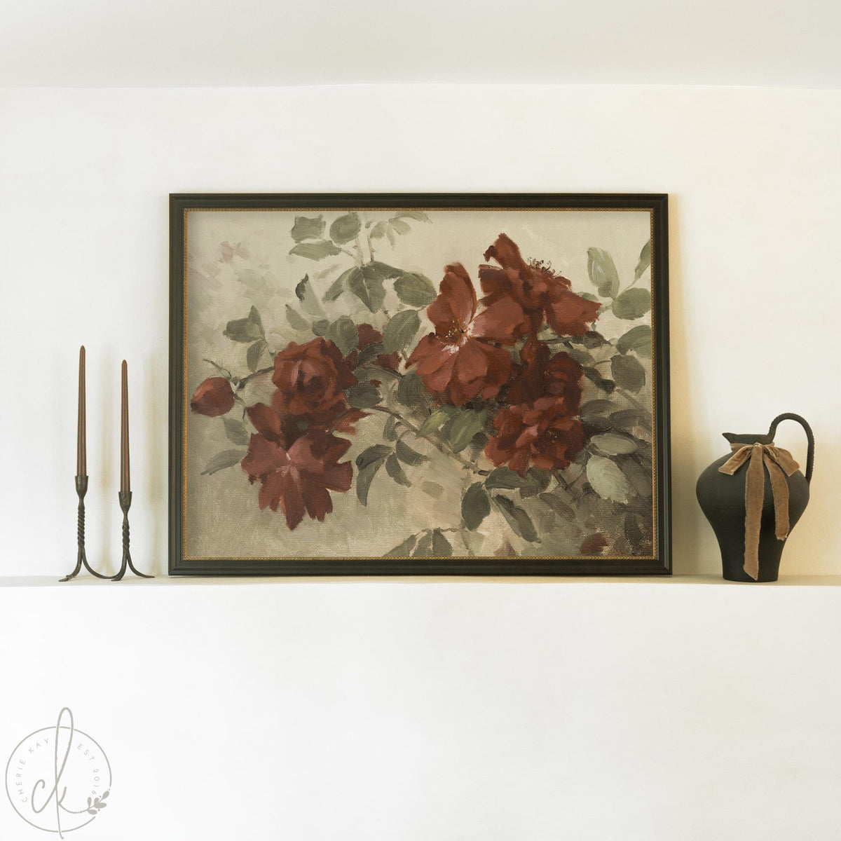 Burgundy Wall Art | Vintage Floral Still Life | Antique Gold Framed Canvas Print | N59