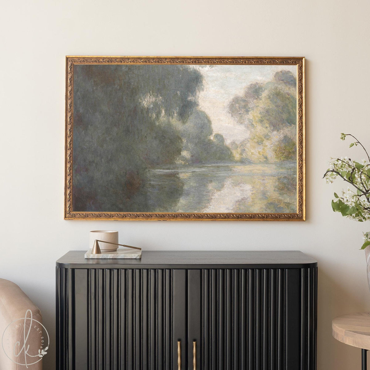 Impressionist Wall Art | Monet Morning on the Seine Framed Canvas | Moody River Landscape Print | N179