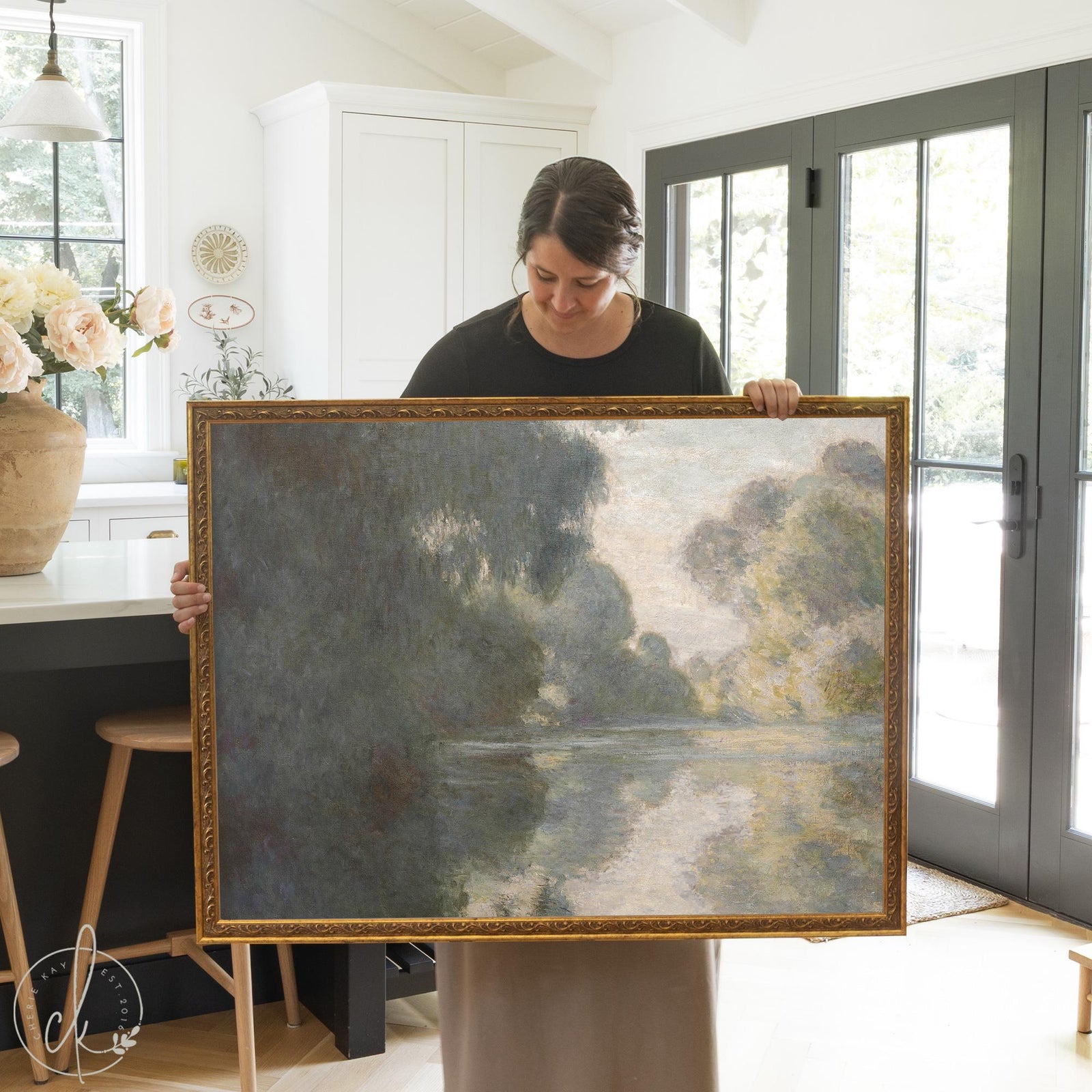 Impressionist wall art featuring Claude Monet's Morning on the Seine, misty river landscape with antique gold frame