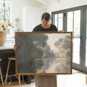 Impressionist wall art featuring Claude Monet's Morning on the Seine, misty river landscape with antique gold frame