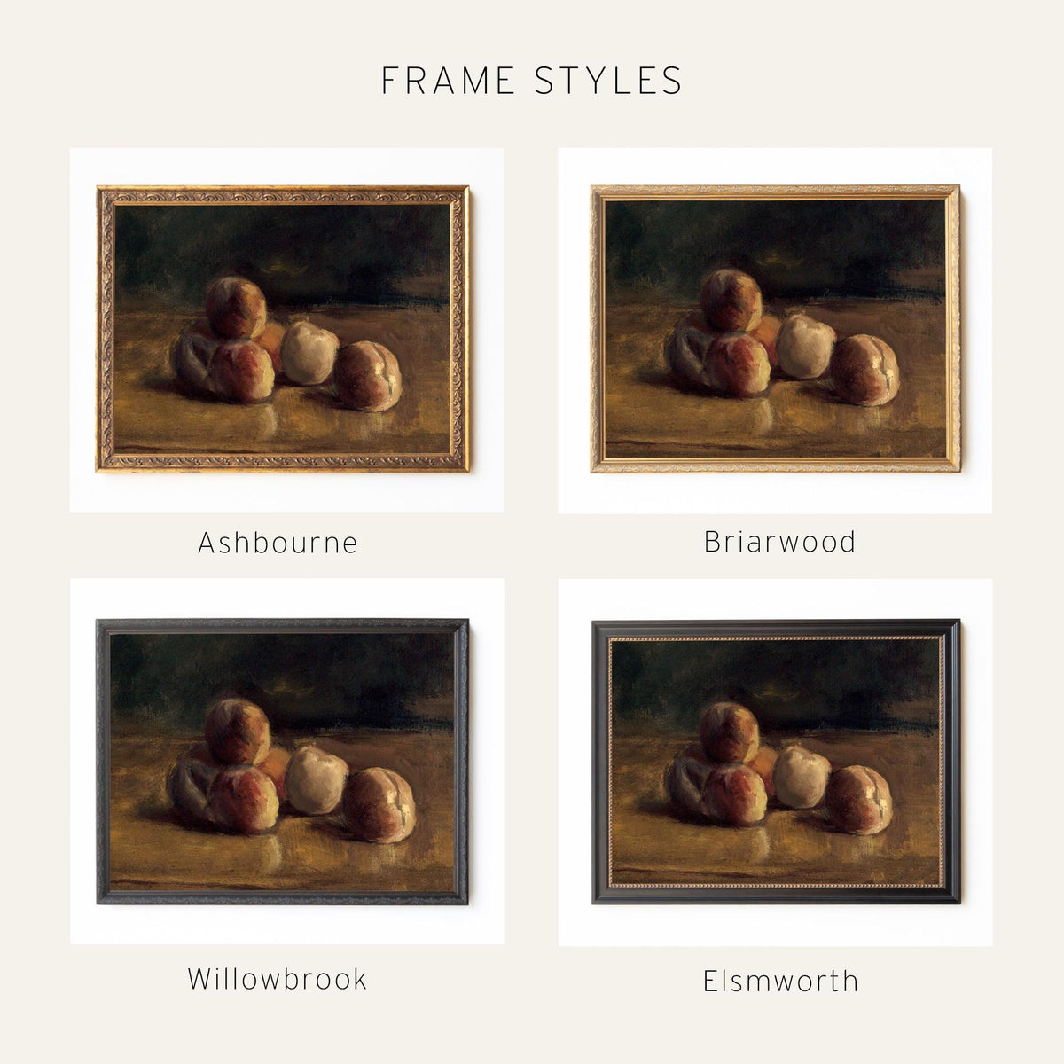Fruit Still Life Painting | Framed Vintage Kitchen Wall Art | Antique Peach Canvas Print | N26