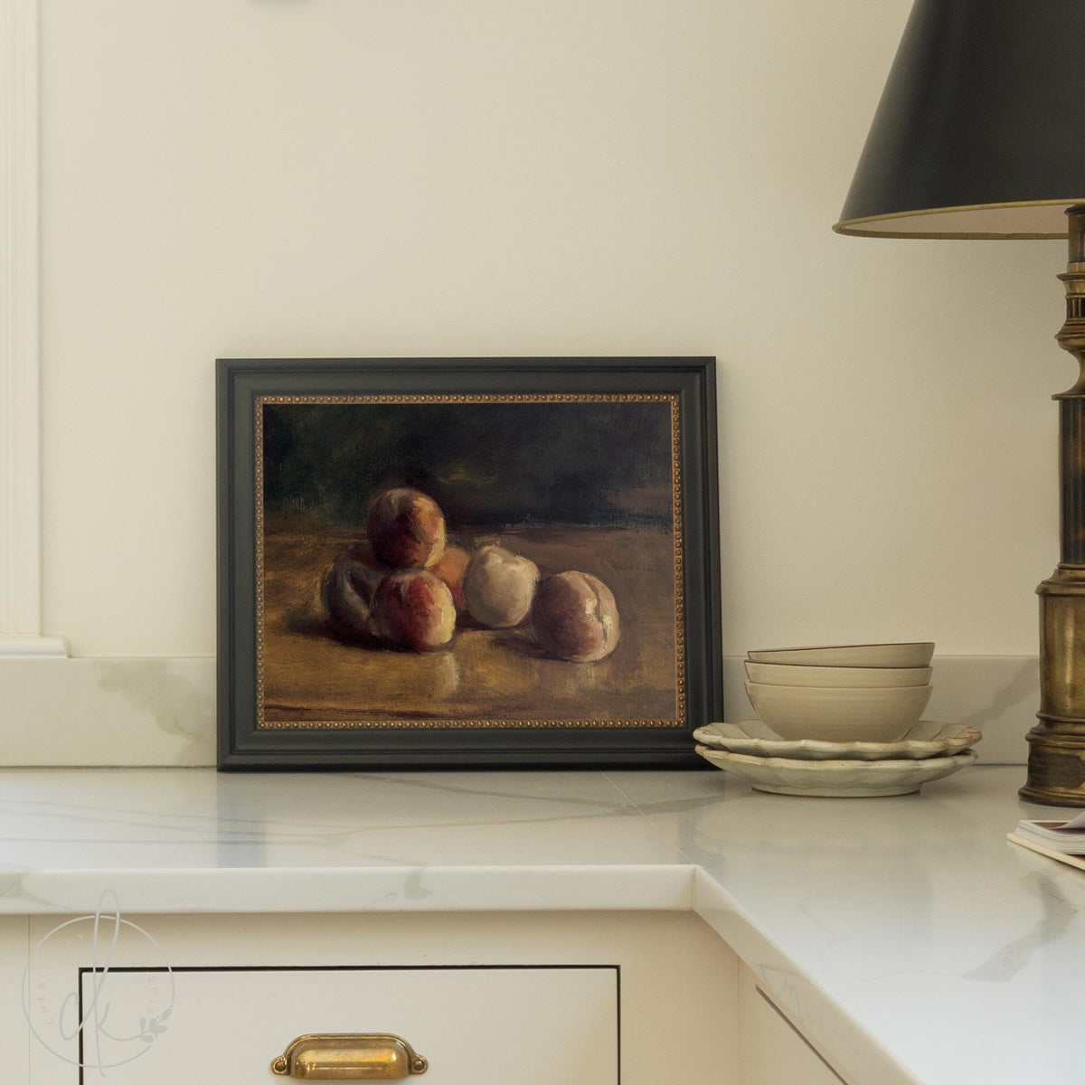 Fruit still life painting reproduction featuring vintage peaches in a dark wood frame with ornate gold beaded inner trim.