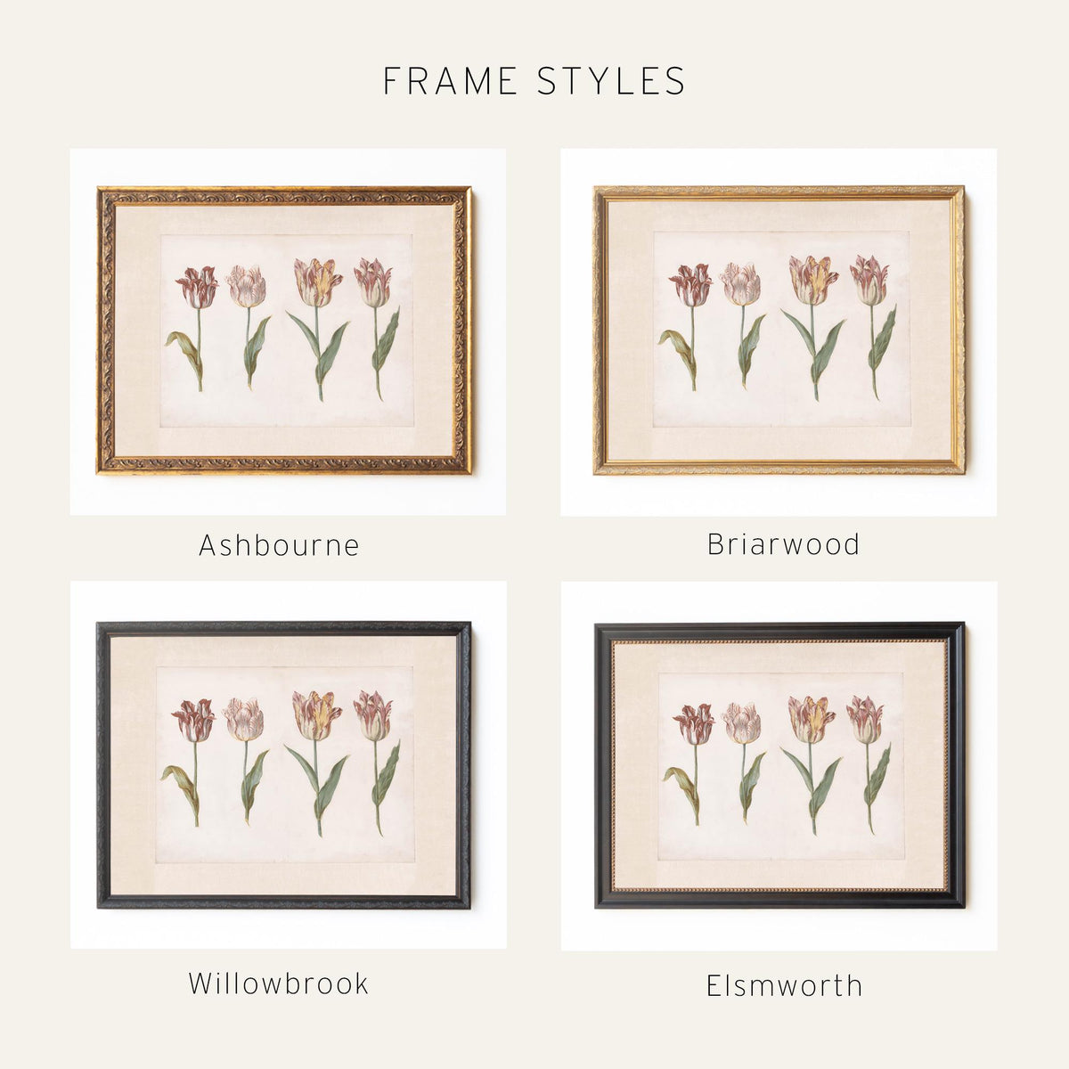 Vintage Botanical Print | Framed Tulip Canvas Art | Antique Gold Floral Wall Decor | N27