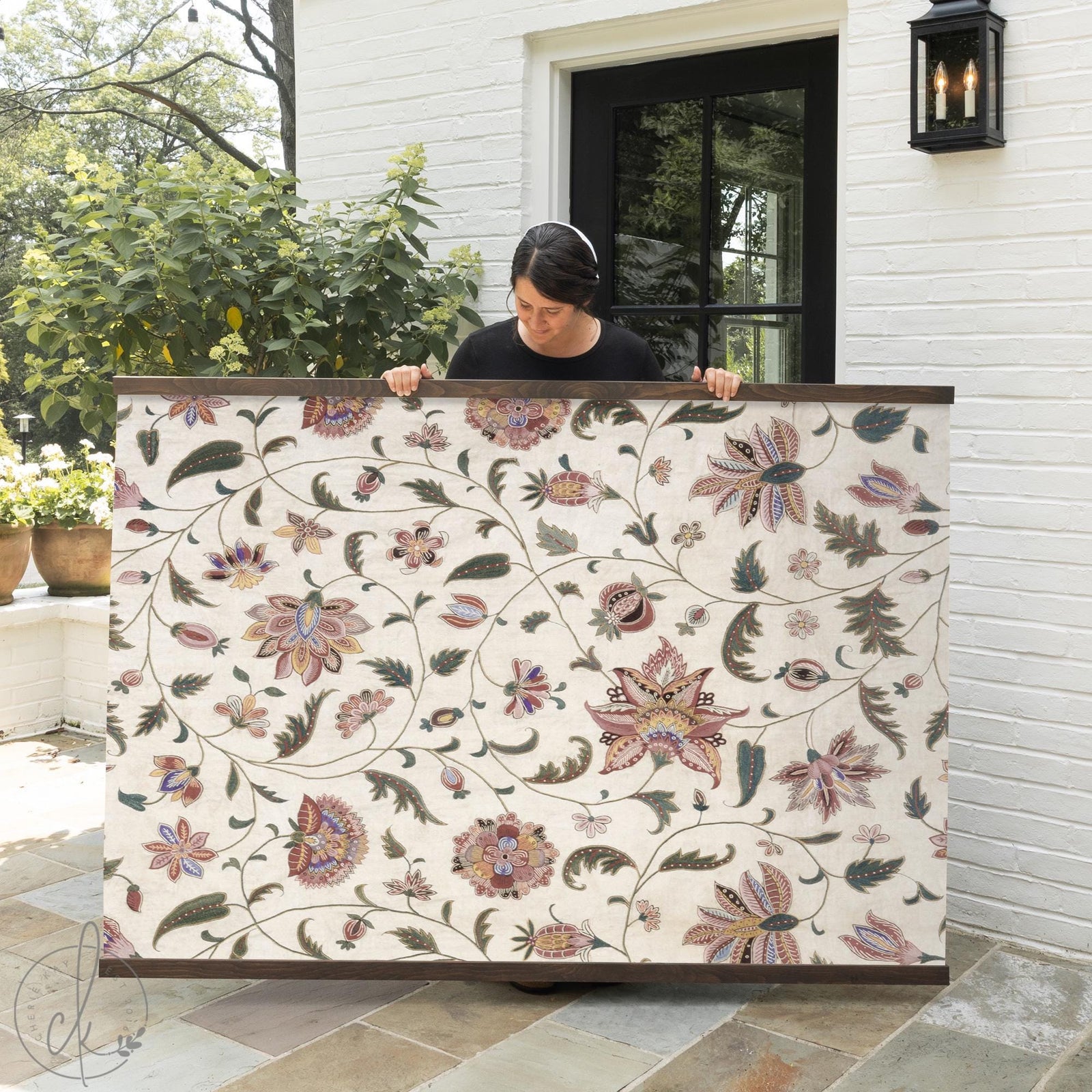 Large floral wall tapestry with Jacobean pattern in dusty rose, terracotta, teal on ivory with natural wood frame