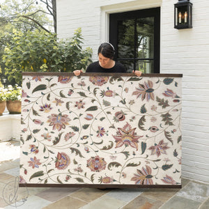 Large floral wall tapestry with Jacobean pattern in dusty rose, terracotta, teal on ivory with natural wood frame