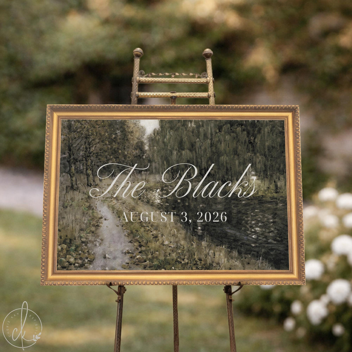 Wedding Entrance Sign | Green Impressionist Landscape Welcome Easel | Personalized Names and Date | N153