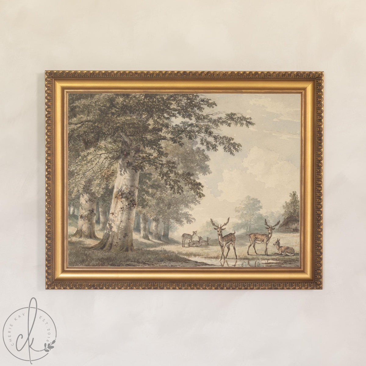 Vintage Deer Artwork | Woodland Nursery Wall Decor Above Crib | Gold Framed Canvas Print for Baby Boy Room | N63