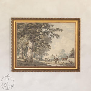 Vintage Deer Artwork | Woodland Nursery Wall Decor Above Crib | Gold Framed Canvas Print for Baby Boy Room | N63