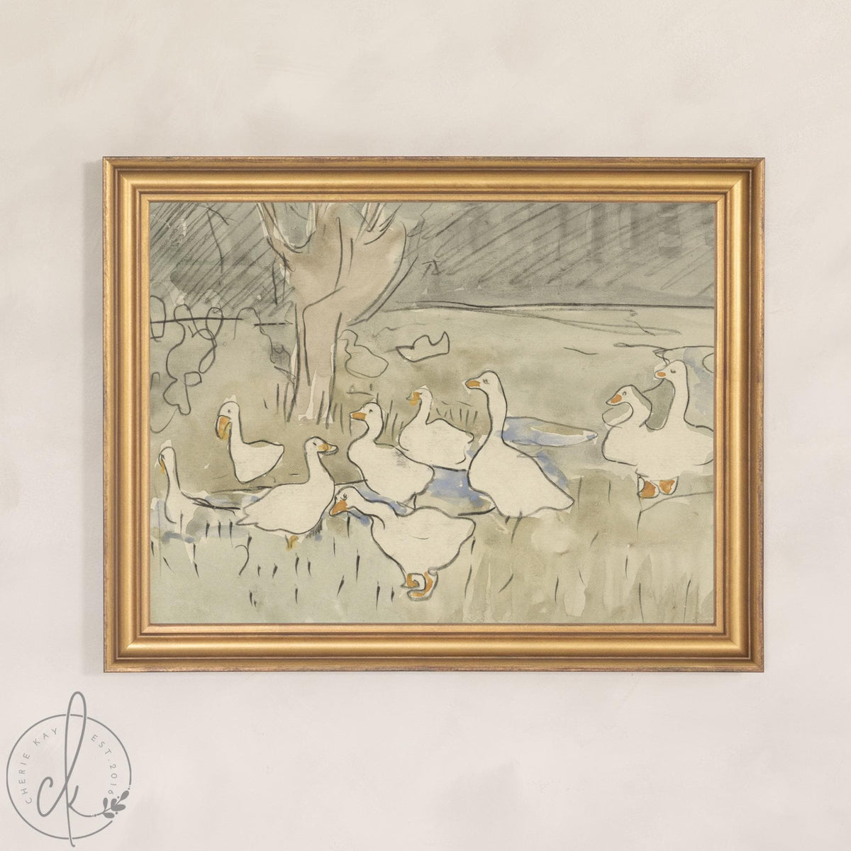 Goose Nursery Decor | Vintage Geese Wall Art in Gold Frame | Neutral Canvas Print for Baby or Kids Room | N226