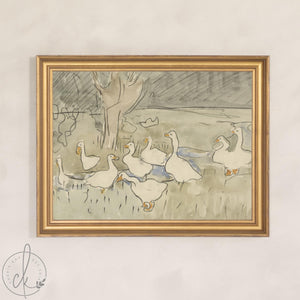 Goose Nursery Decor | Vintage Geese Wall Art in Gold Frame | Neutral Canvas Print for Baby or Kids Room | N226