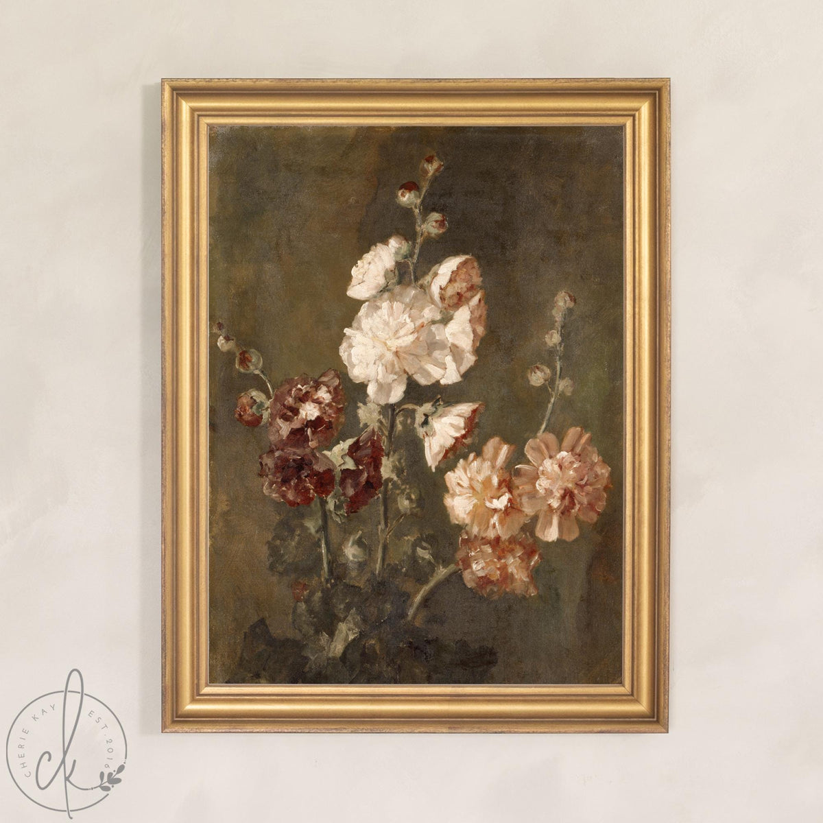 Moody Floral Wall Art | Vintage Hollyhock Canvas | Gold Framed Flower Painting | N74