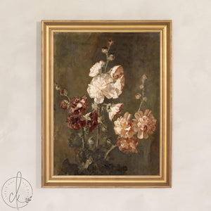 Moody Floral Wall Art | Vintage Hollyhock Canvas | Gold Framed Flower Painting | N74