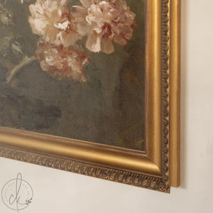 Moody Floral Wall Art | Vintage Hollyhock Canvas | Gold Framed Flower Painting | N74