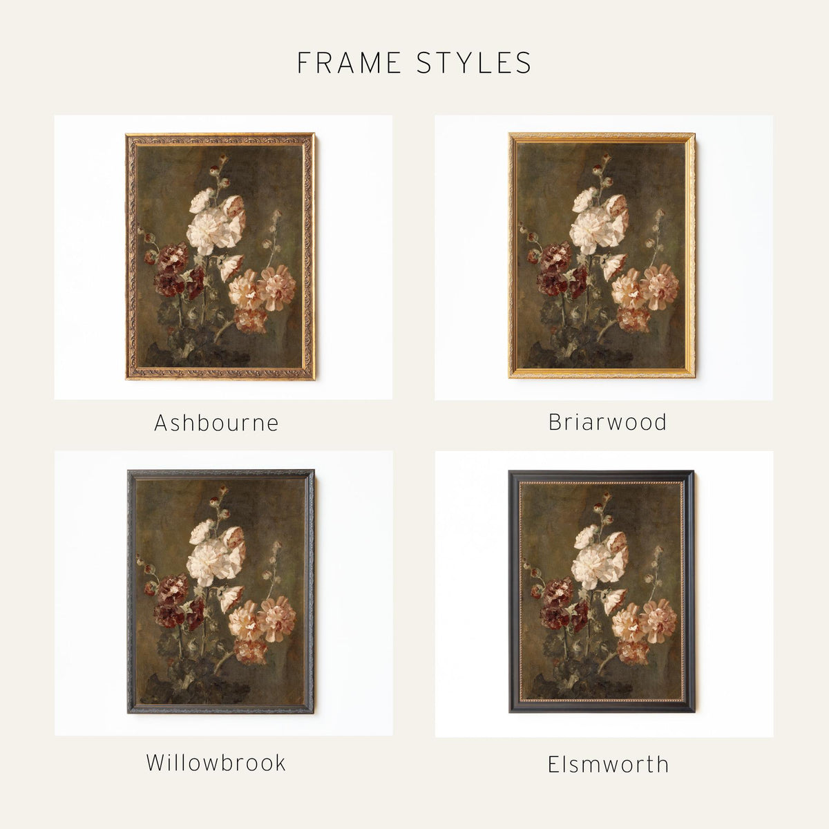 Moody Floral Wall Art | Vintage Hollyhock Canvas | Gold Framed Flower Painting | N74
