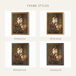 Moody Floral Wall Art | Vintage Hollyhock Canvas | Gold Framed Flower Painting | N74