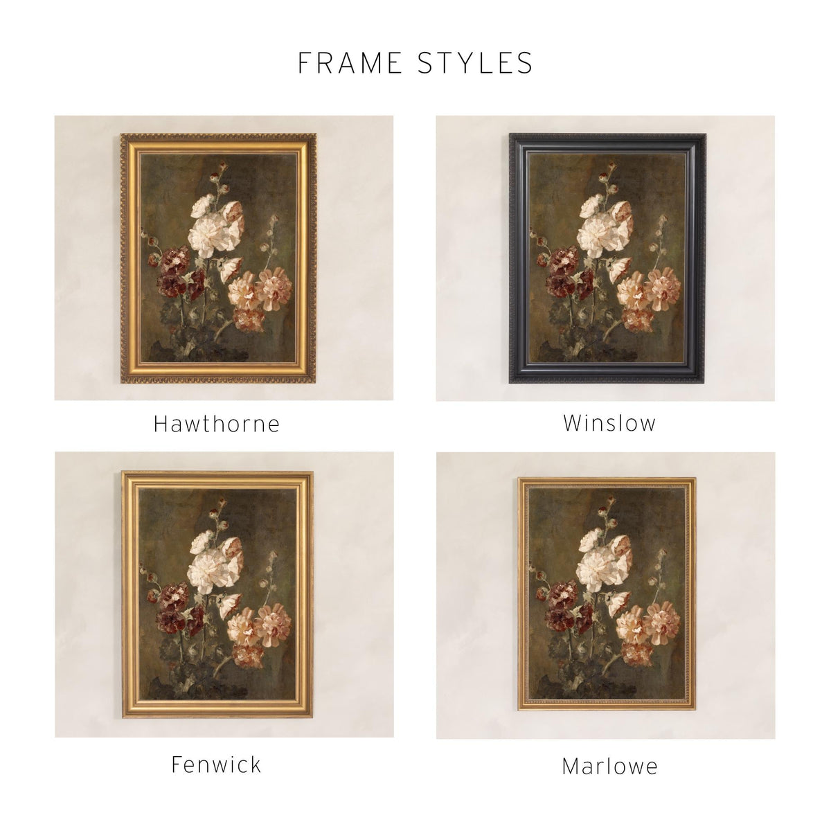 Moody Floral Wall Art | Vintage Hollyhock Canvas | Gold Framed Flower Painting | N74
