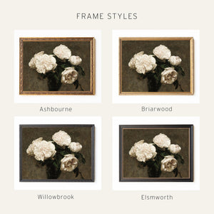 Moody Floral Wall Art | Gold Framed White Roses Canvas | Dark Academia Decor | N227