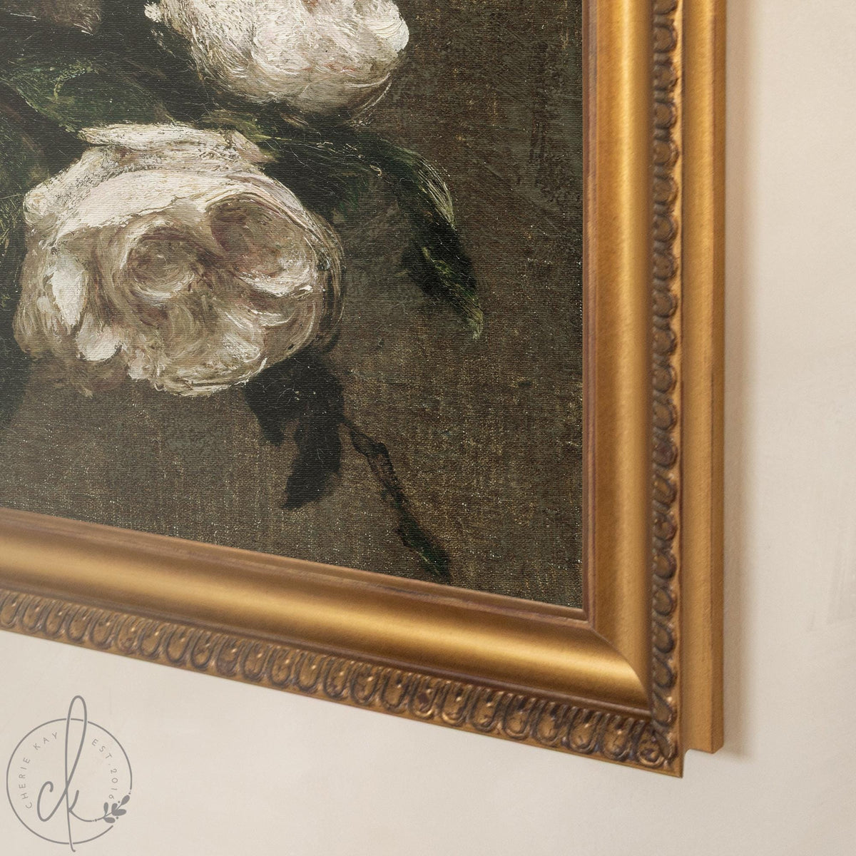 Moody Floral Wall Art | Gold Framed White Roses Canvas | Dark Academia Decor | N227