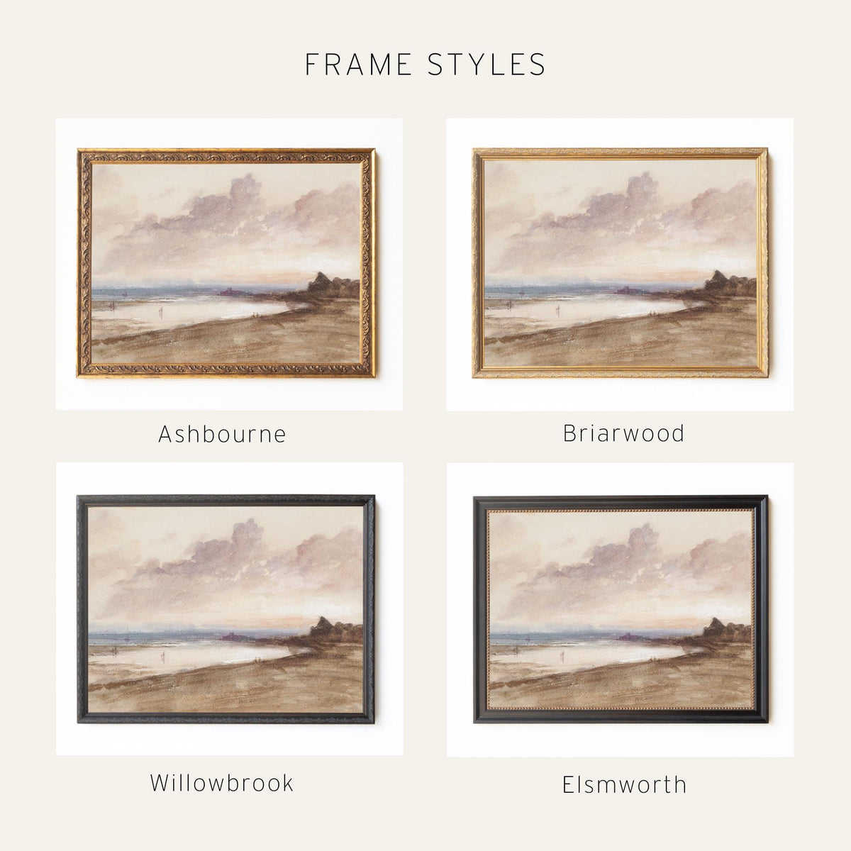 Beach Sunset Painting | Vintage Coastal Wall Art for Living Room or Bedroom | Gold Framed Canvas Print | N198