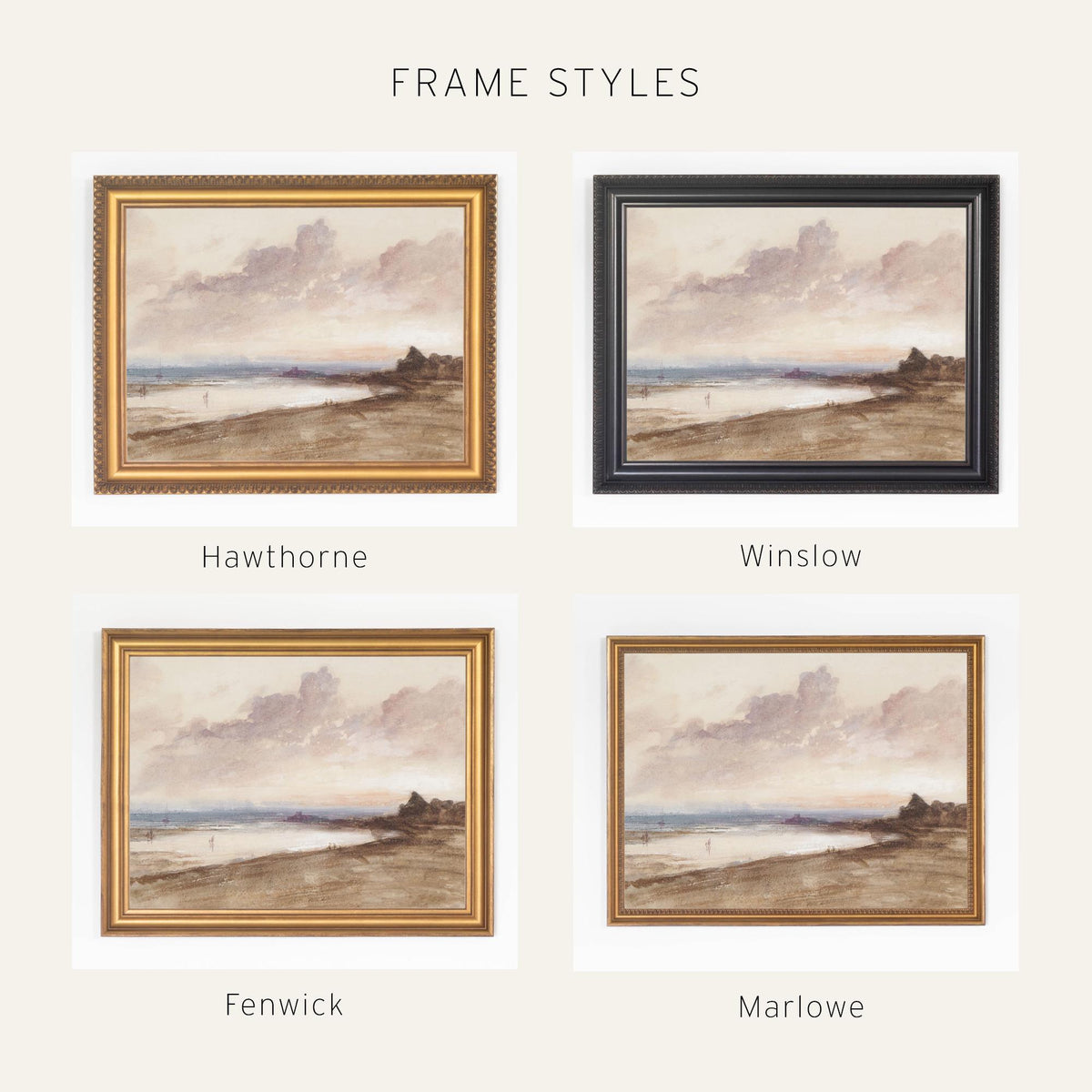 Beach Sunset Painting | Vintage Coastal Wall Art for Living Room or Bedroom | Gold Framed Canvas Print | N198