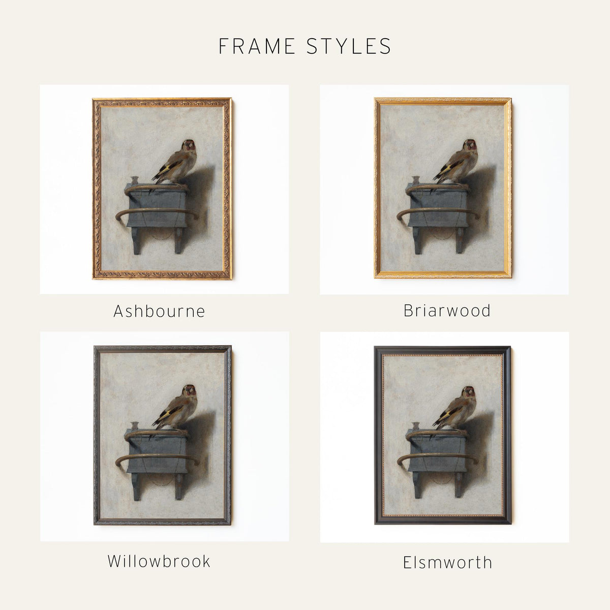 Vintage Bird Art | Framed Goldfinch Canvas Print | Moody Wall Decor for Living Room | N41