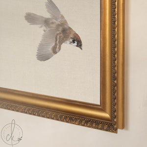 Sparrow Art Print | Vintage Framed Bird Canvas | Antique Gold Wall Decor | N110