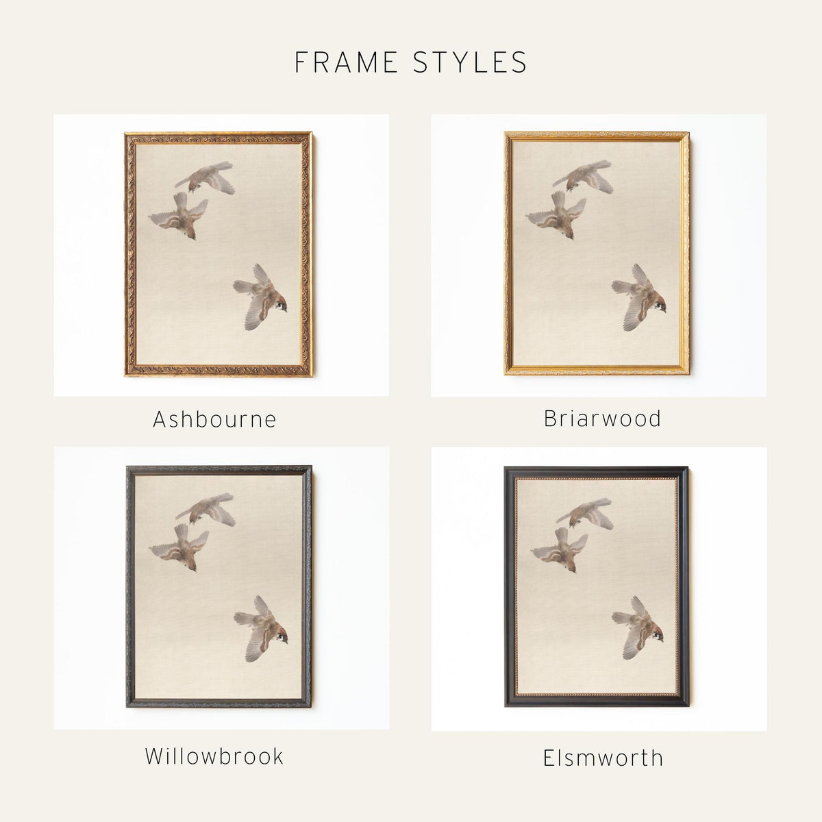 Sparrow Art Print | Vintage Framed Bird Canvas | Antique Gold Wall Decor | N110