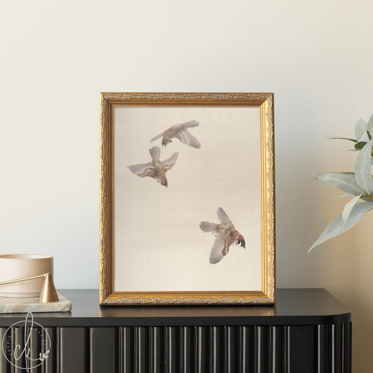 Sparrow Art Print | Vintage Framed Bird Canvas | Antique Gold Wall Decor | N110
