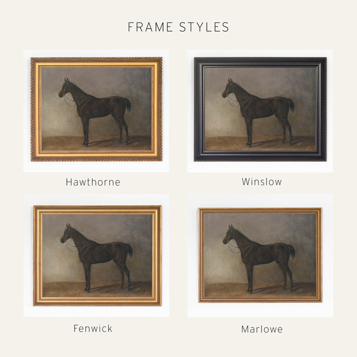 Antique Horse Print | Moody Equestrian Canvas Wall Art | Vintage Gold Frame Decor | N128