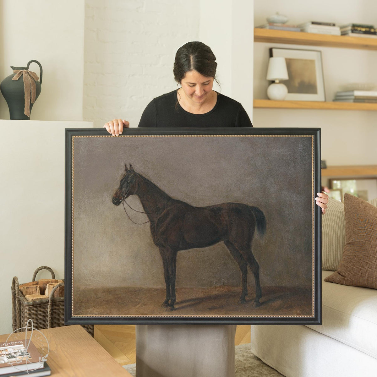 Antique Horse Print | Moody Equestrian Canvas Wall Art | Vintage Gold Frame Decor | N128