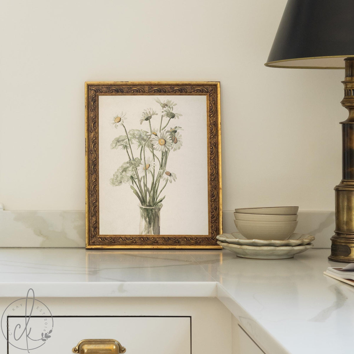 Daisy Wall Decor | Watercolor Flower Painting | Gold Framed Floral Still Life | N218