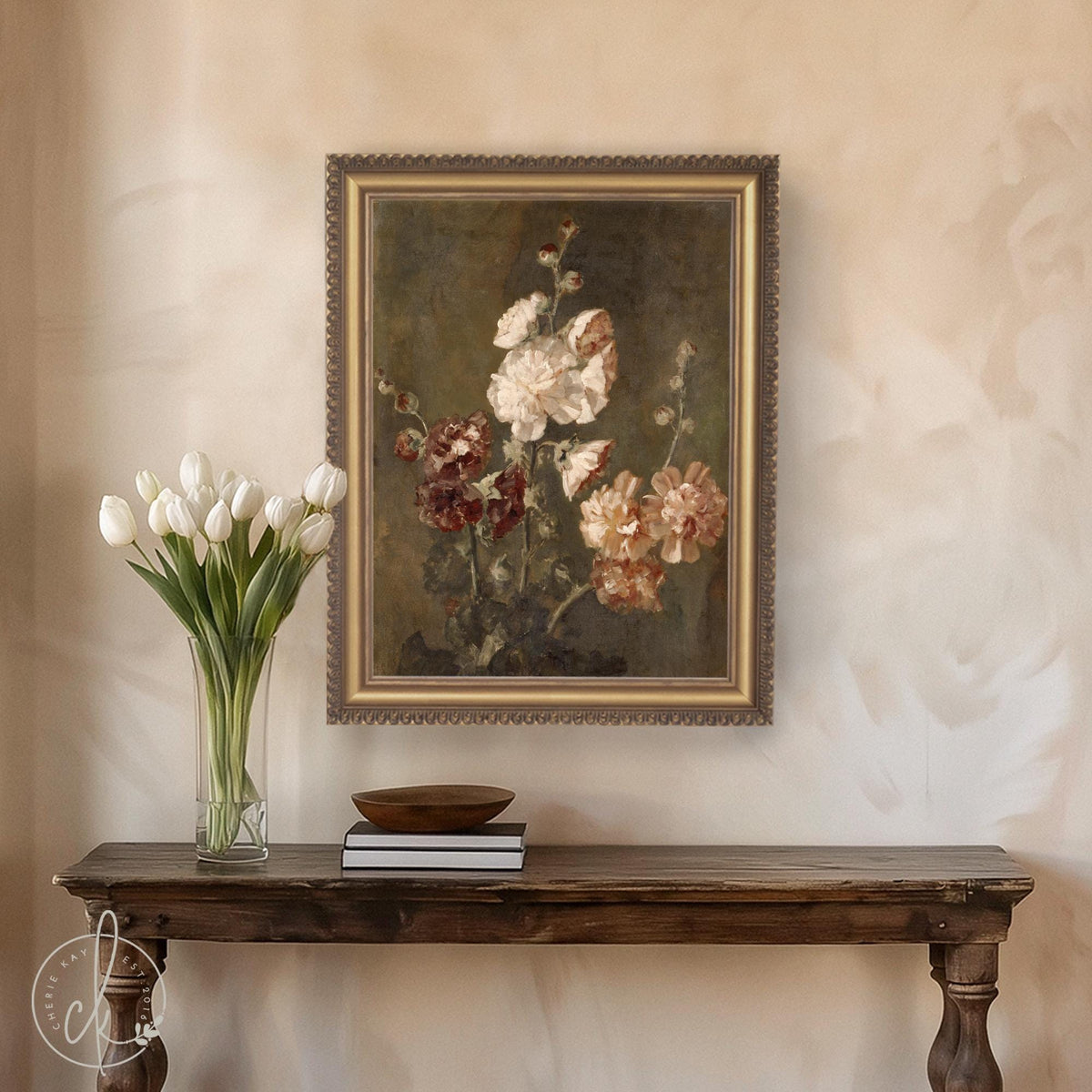 Moody Floral Wall Art | Vintage Hollyhock Canvas | Gold Framed Flower Painting | N74