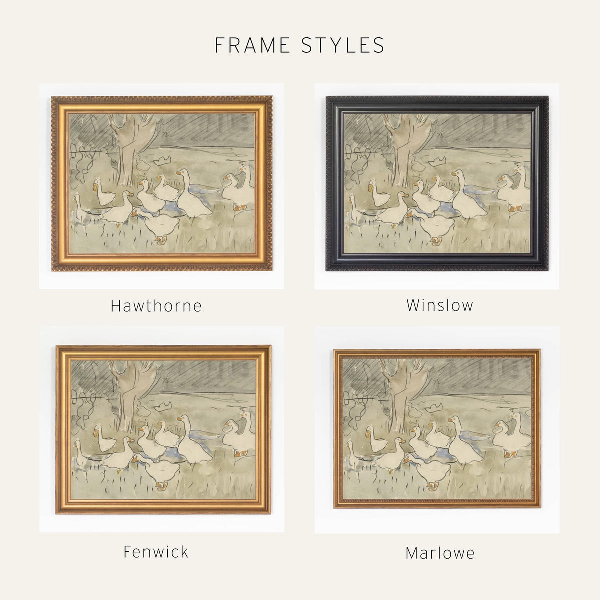 Goose Nursery Decor | Vintage Geese Wall Art in Gold Frame | Neutral Canvas Print for Baby or Kids Room | N226