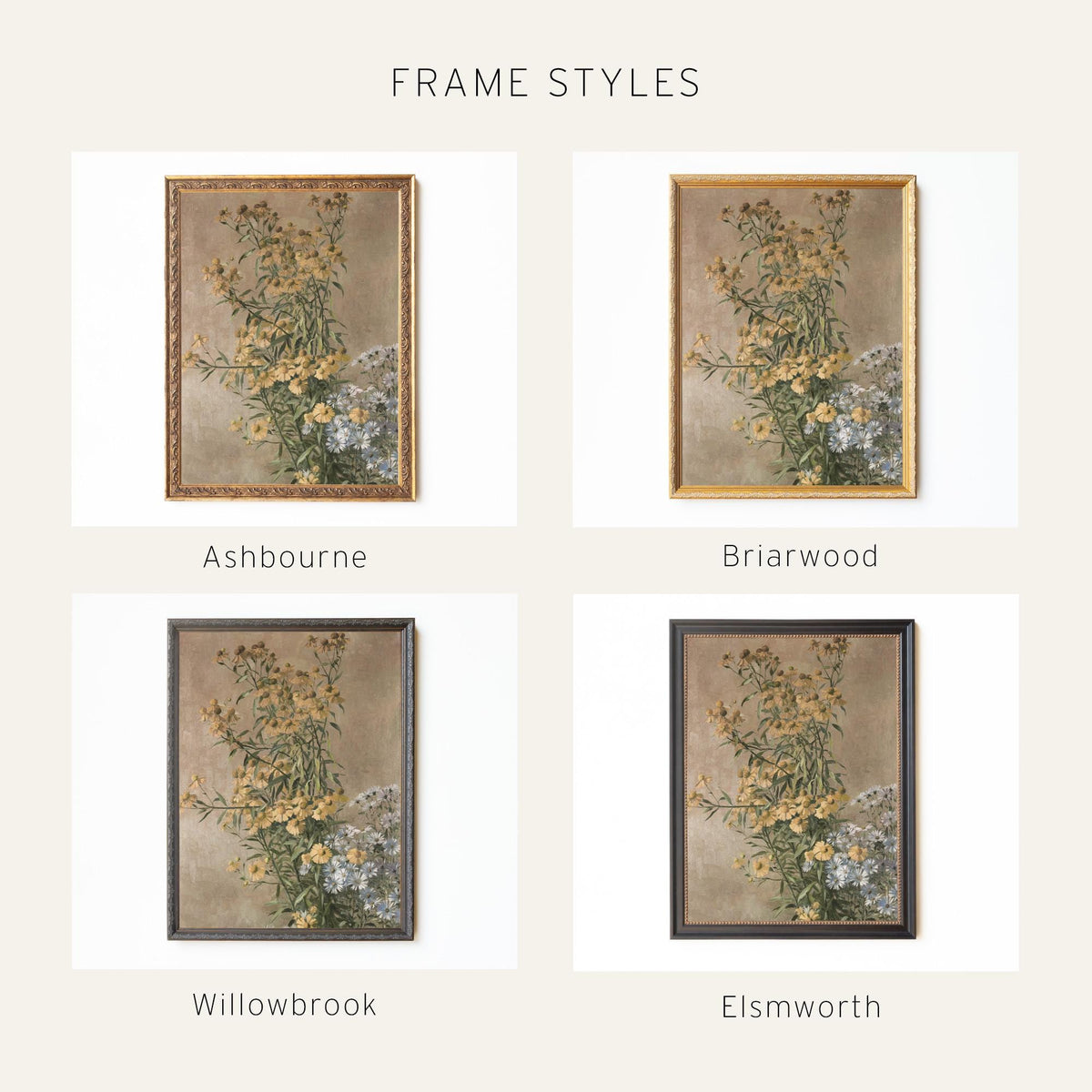 Vintage Botanical Print | Wildflower Still Life Canvas | Gold Framed Floral Wall Art | N22