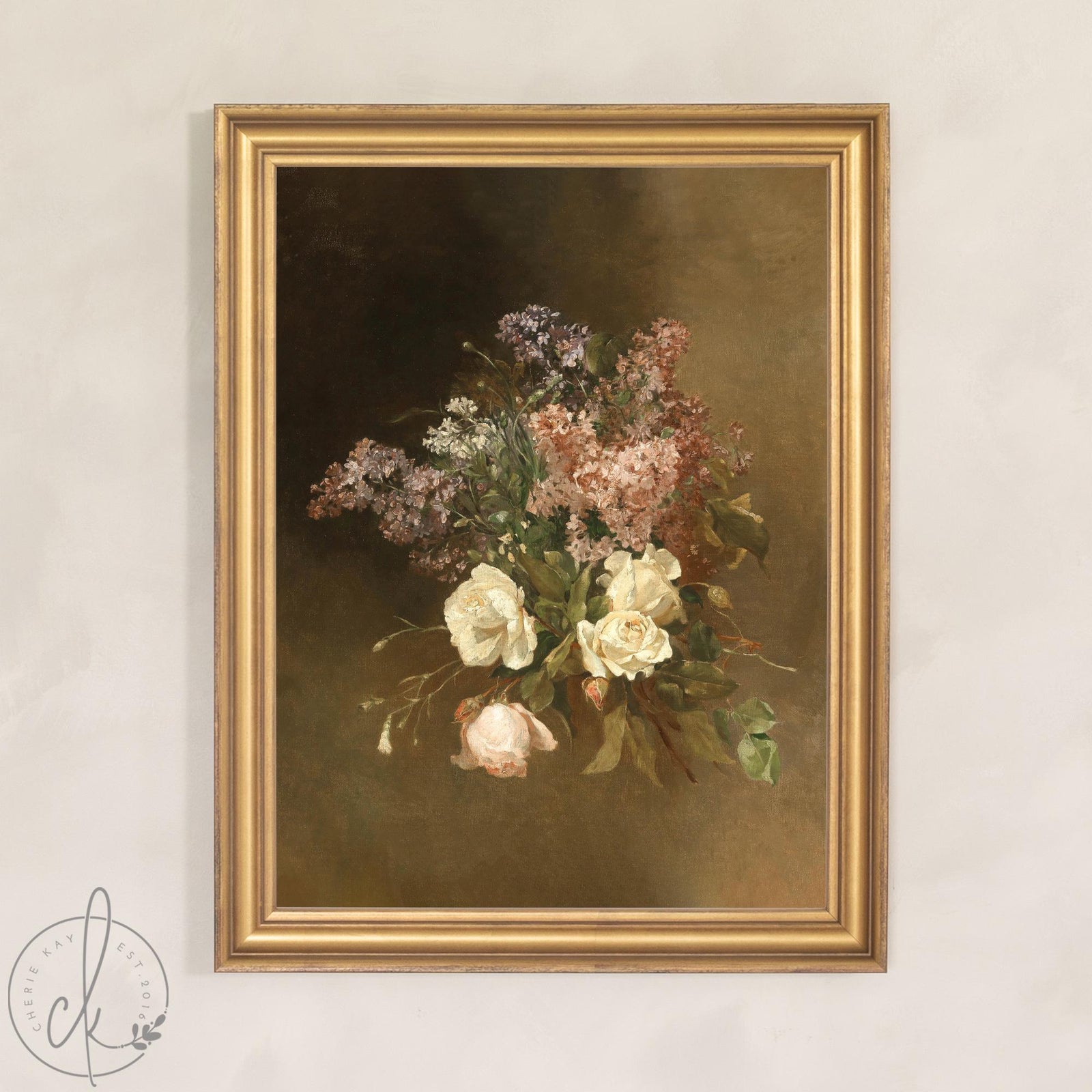 Bouquet painting of cream roses and lilacs in a gold frame, hung against a neutral wall