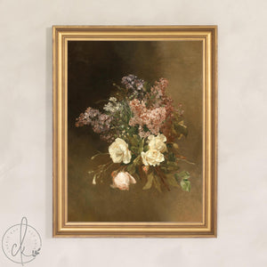 Bouquet painting of cream roses and lilacs in a gold frame, hung against a neutral wall