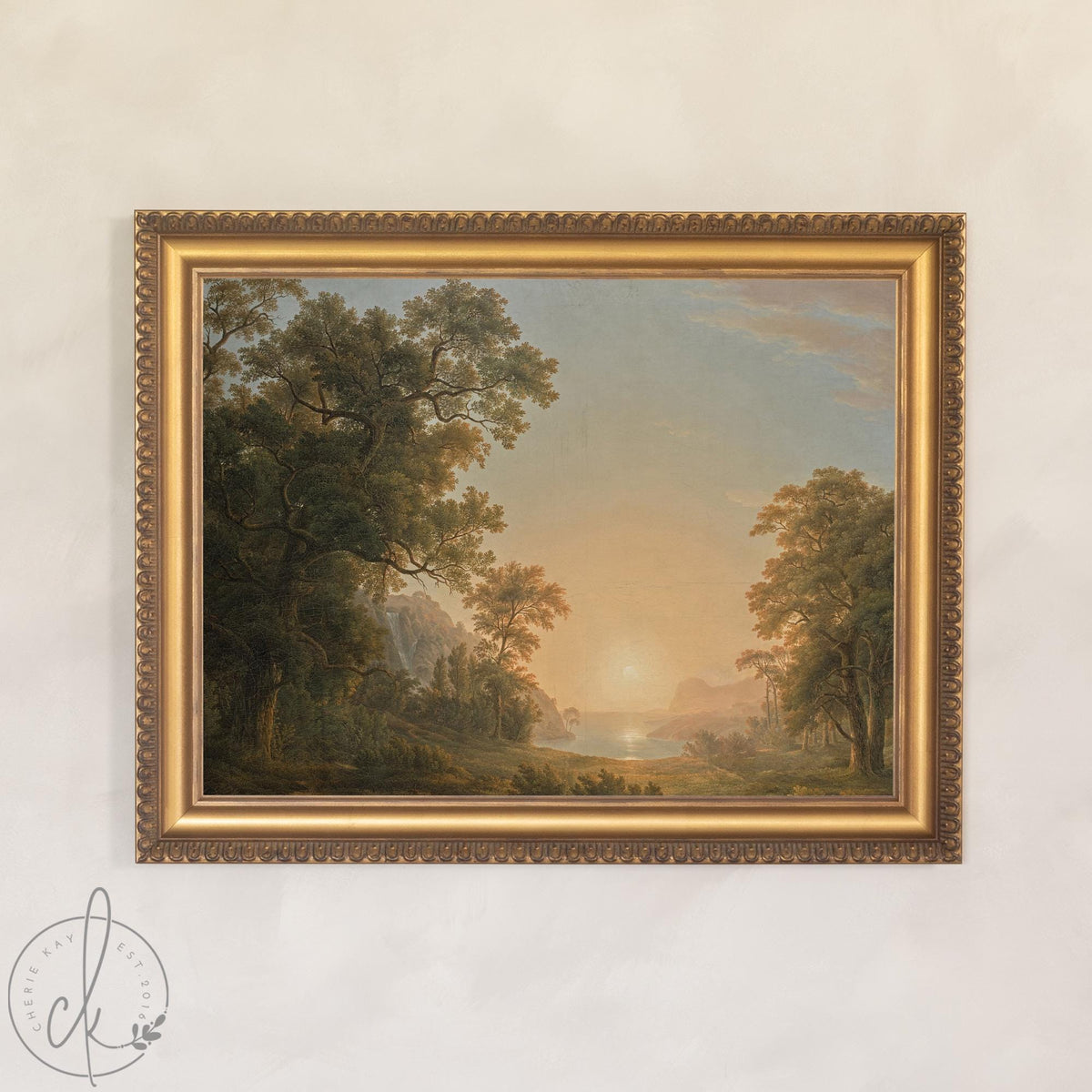 Sunset Artwork | Vintage Lake Landscape Canvas Print in Gold Frame | Large Wall Decor for Living Room or Entryway | N133