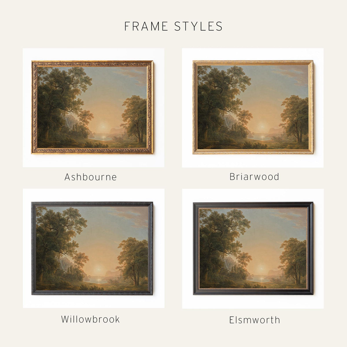 Sunset Artwork | Vintage Lake Landscape Canvas Print in Gold Frame | Large Wall Decor for Living Room or Entryway | N133