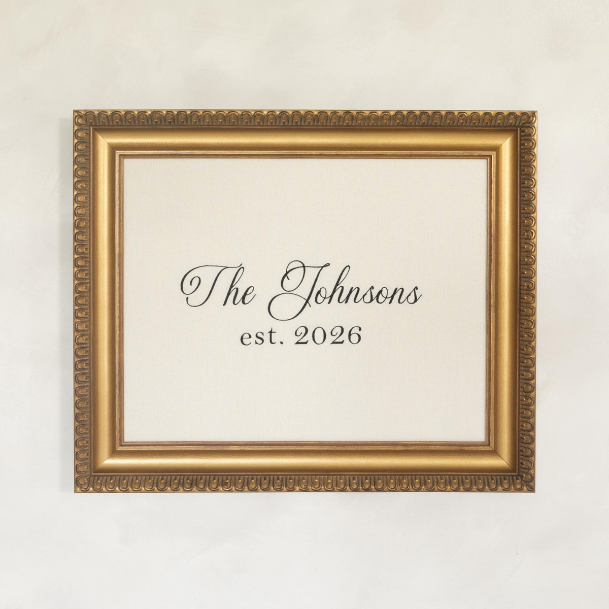 Embroidered Wall Art | Family Name Sign in Ornate Gold Frame | Personalized Newlywed Gift