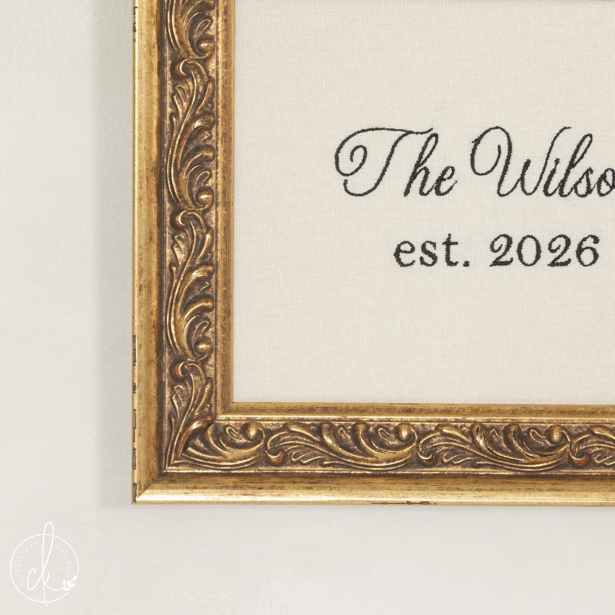 Embroidered Wall Art | Family Name Sign in Ornate Gold Frame | Personalized Newlywed Gift