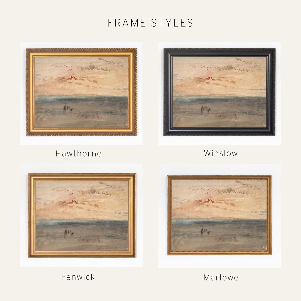 Ocean Sunset Painting in an Ornate Gold Frame | Soft Watercolor Seascape for the Living Room | Framed Canvas Art | N134