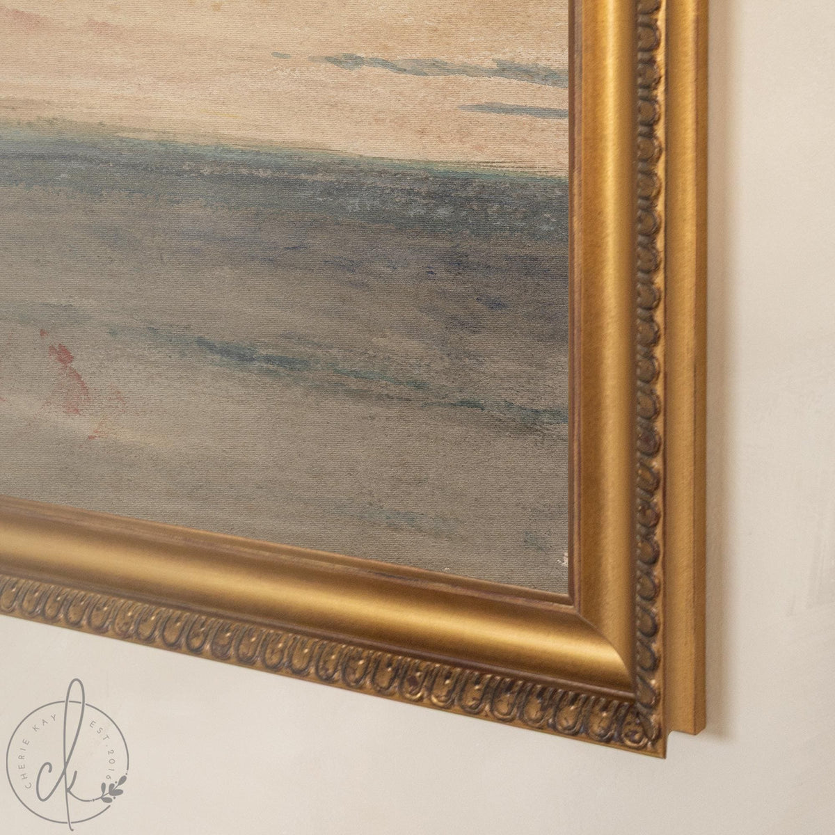 Ocean Sunset Painting in an Ornate Gold Frame | Soft Watercolor Seascape for the Living Room | Framed Canvas Art | N134