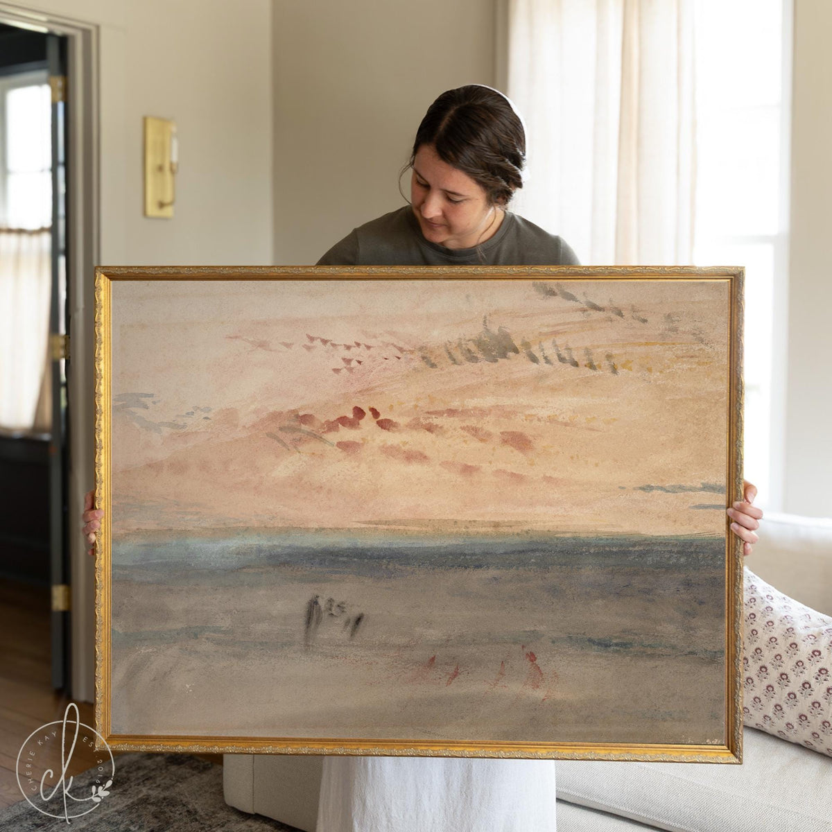 Ocean Sunset Painting in an Ornate Gold Frame | Soft Watercolor Seascape for the Living Room | Framed Canvas Art | N134