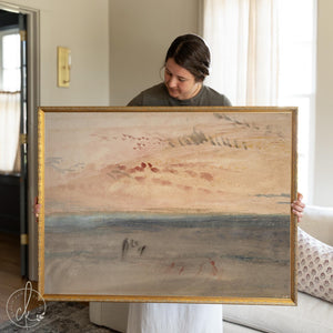 Ocean Sunset Painting in an Ornate Gold Frame | Soft Watercolor Seascape for the Living Room | Framed Canvas Art | N134