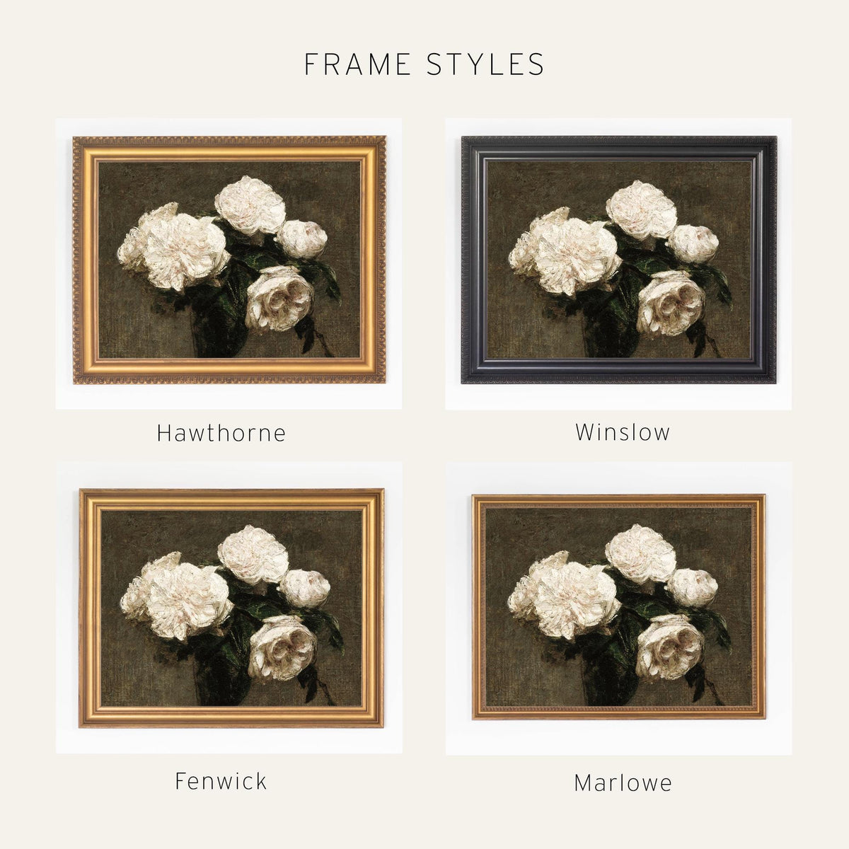 Moody Floral Wall Art | Gold Framed White Roses Canvas | Dark Academia Decor | N227