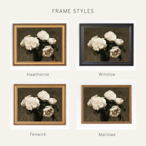 Moody Floral Wall Art | Gold Framed White Roses Canvas | Dark Academia Decor | N227