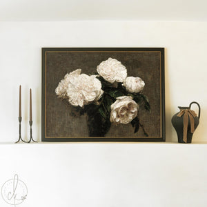 Moody Floral Wall Art | Gold Framed White Roses Canvas | Dark Academia Decor | N227
