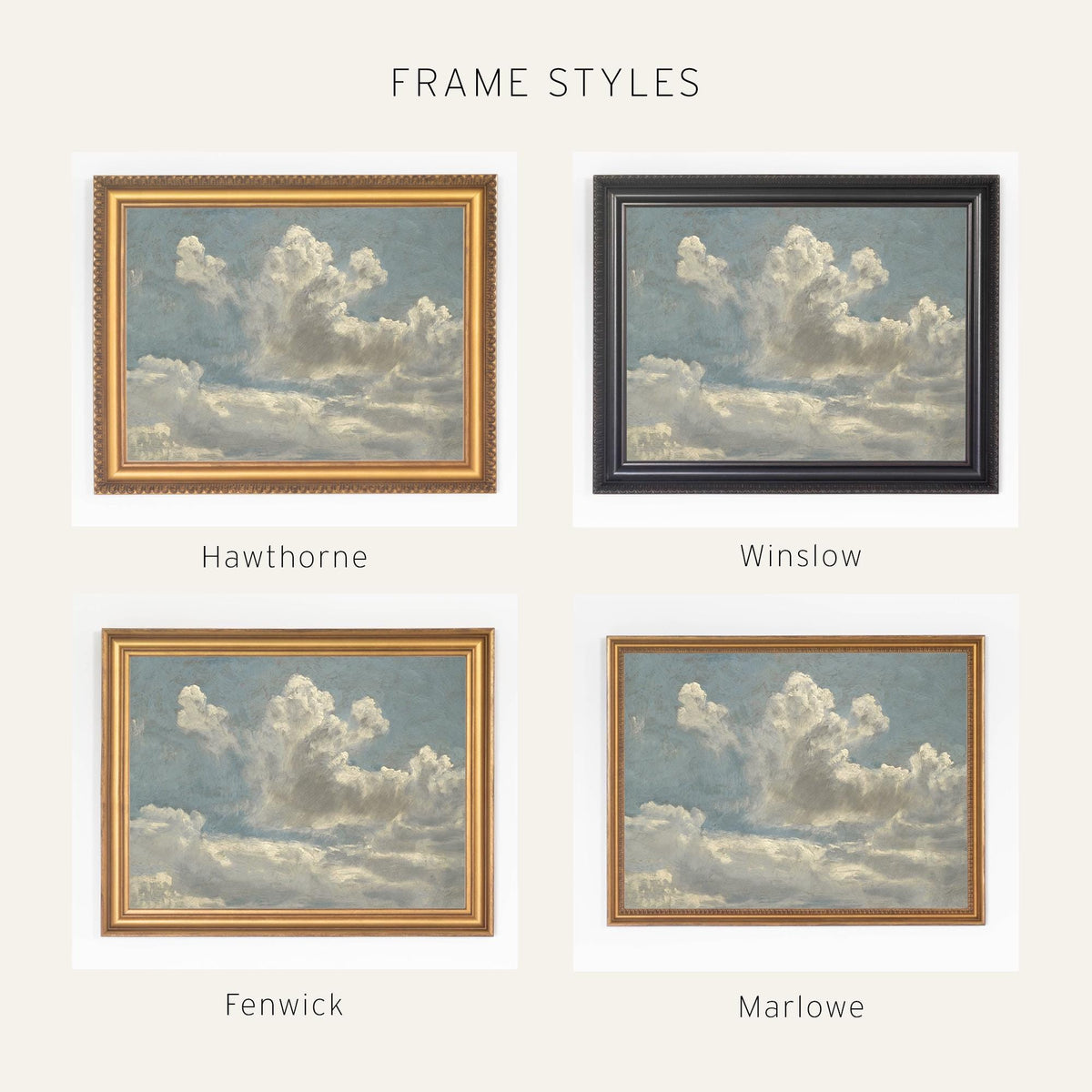 Cloud Art Print | Antique Landscape in Ornate Gold Frame | Living Room Wall Art | N135
